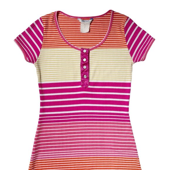 90s vintage Esprit t-shirt dress stripe pattern ribbed short cap sleeve maxi. - Picture 2 of 10
